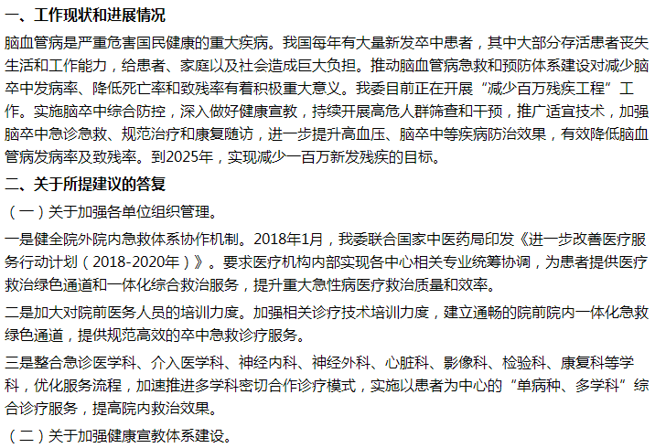 國家衛(wèi)健委關于加強腦卒中急救體系建設的建議答復！