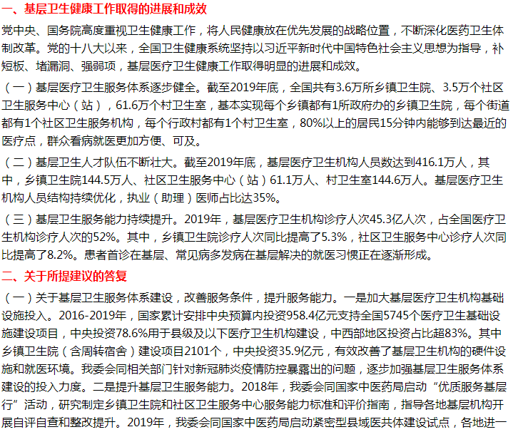 國(guó)家關(guān)于加強(qiáng)基層醫(yī)療衛(wèi)生服務(wù)體系基礎(chǔ)建設(shè)的建議答復(fù)！