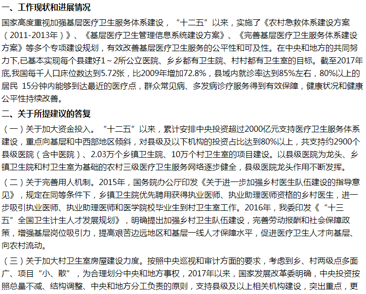 國家衛(wèi)健委關(guān)于提升農(nóng)村醫(yī)療服務(wù)能力的建議答復(fù)！